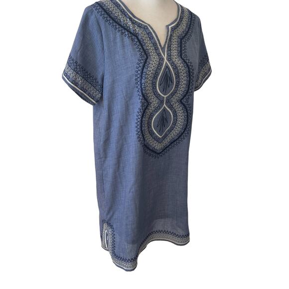 THML Blue Chambray Embroidered V-Neck Boho Mini Shift Dress Womens Size Small - Picture 8 of 8